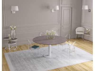 UNA - Table de repas extensible deux allonges intégrées pied central acier laqué blanc