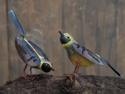 Décoration métal : Couple d'oiseaux jaune et marron